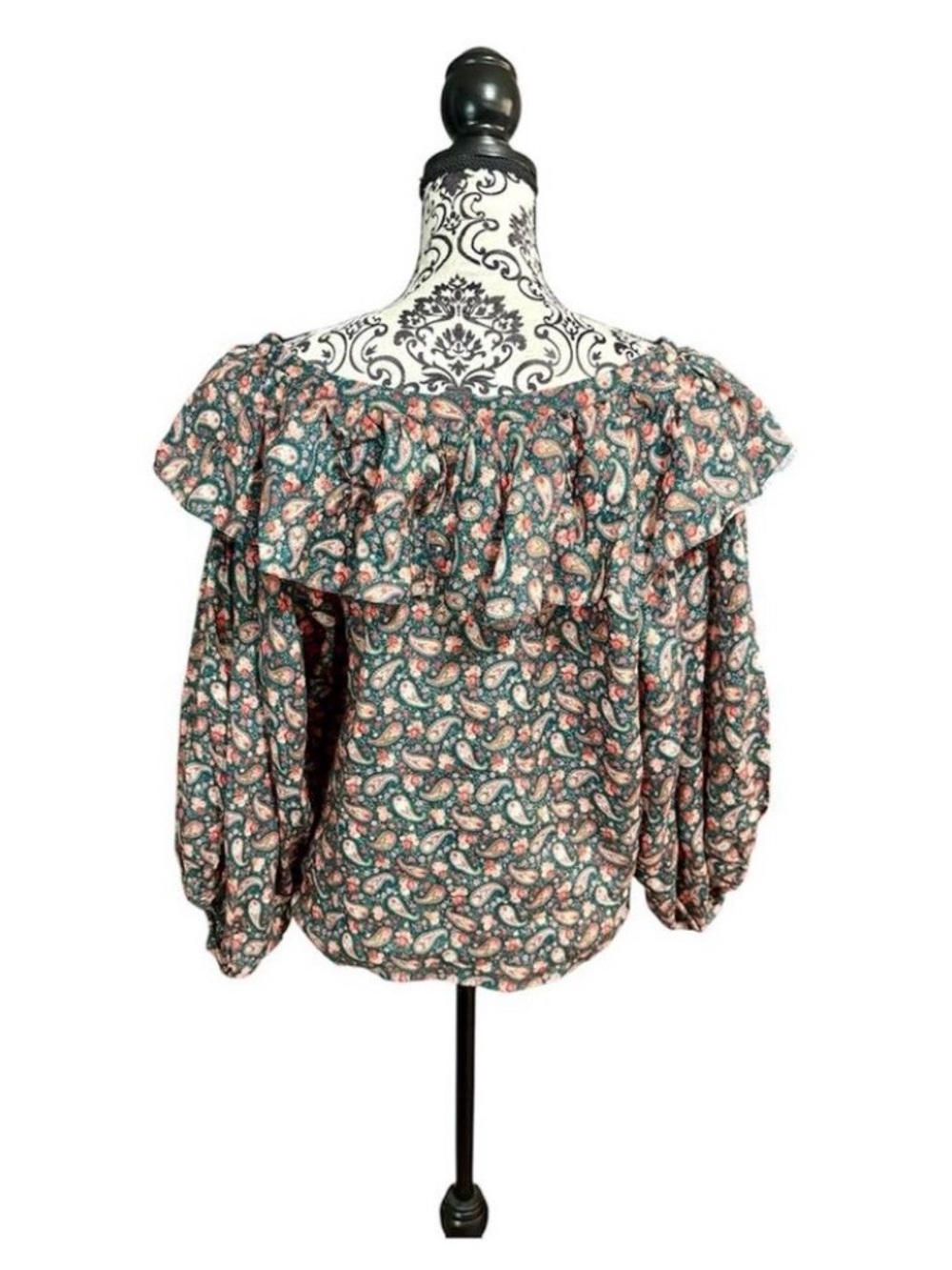 Dôen Cielito Paisley Ruffle Off-Shoulder Blouse in Green and Pink